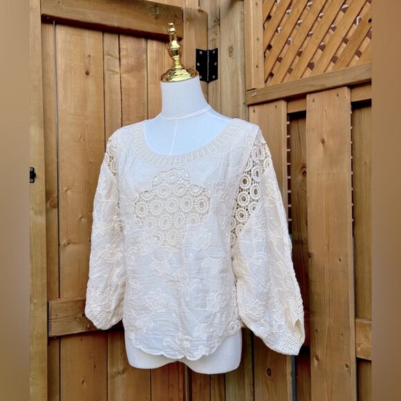 🆕 FARM Rio 🧿 NWOT Off White Crochet Long Sleeve Blouse